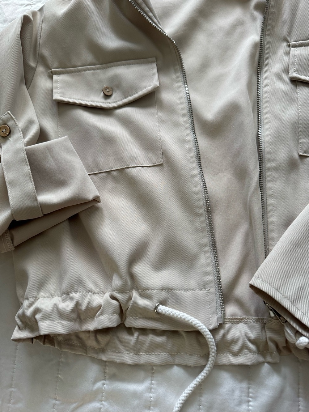 Light Beige Drawstring Zip Jacket - Picture 5 of 6